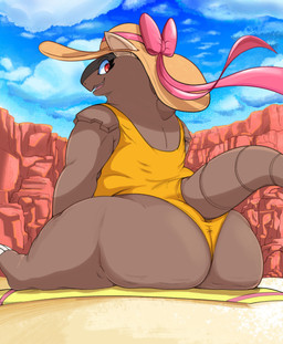 anthro beach big_butt brown_body butt cellulite claws cliff cliff_side clothing cloud cloudy_sky ears_through_headwear eyebrows eyelashes female hat headgear headwear looking_back love_handles one-piece_swimsuit open_mouth open_smile orange_eyes pink_ribbon rear_view sand sitting_on_towel sky slightly_chubby slightly_chubby_anthro slightly_chubby_female smile snout solo spikes spikes_(anatomy) sun_hat swimwear tail thick_tail thick_thighs three-quarter_view toe_claws towel goopyarts nintendo pokemon pokemon_mystery_dungeon spike_chunsoft generation_1_pokemon kangaskhan pokemon_(species) absurd_res hi_res