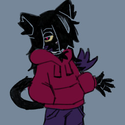 anthro black_body black_fur bottomwear chest_tuft choker claws clothed clothing facial_markings facial_scar finger_claws fluffy fur gesture hair hair_over_eye head_markings hoodie humanoid_hands jewelry long_hair long_tail looking_at_viewer male markings necklace oversized_clothing oversized_hoodie oversized_topwear pants pupils purple_body purple_fur red_eyes scar slit_pupils solo tail text topwear tuft waving waving_at_viewer marpystar meany_(marpystar) domestic_cat felid feline felis mammal hi_res