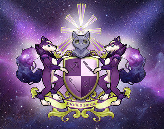 ambiguous_gender anthro black_nose blue_eyes coat_of_arms detailed_background duo eyebrows fur inner_ear_fluff knight melee_weapon nude purple_body purple_fur shield space standing star sword text tuft warrior weapon thepimpartist canid canine fox mammal 2017 digital_media_(artwork) latin_text translated