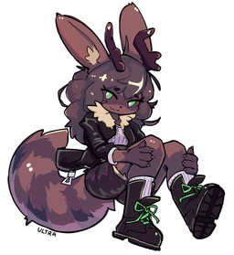 4_fingers anthro antlers boots bottomwear brown_body brown_fur brown_hair chibi clothing female fingers footwear fur green_eyes hair horn jacket looking_at_viewer shoes shorts simple_background smile solo topwear white_background ultrabondagefairy mits_(character) hybrid mammal 2020 hi_res