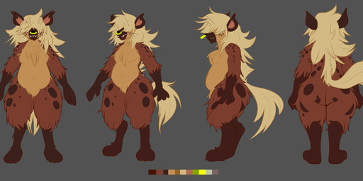 anthro big_butt blonde_hair brown_body butt chest_tuft claws facial_piercing freckles hair hair_over_eyes male messy_hair moobs nose_piercing nose_ring paws piercing rear_view ring_piercing side_view simple_background slightly_chubby smile solo spots standing tail tuft whiskers wide_hips villegreen hyena mammal absurd_res hi_res model_sheet portrait three-quarter_portrait