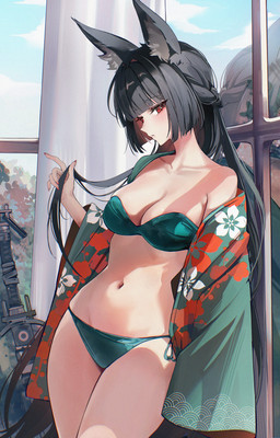 asian_clothing bangs bare_shoulders bikini black_hair blunt_bangs blush bra breasts cleavage clothed clothing colored_nails east_asian_clothing female floral_print green_bikini green_clothing green_kimono green_swimwear hair inner_ear_fluff inside japanese_clothing katana kimono long_hair looking_at_viewer medium_breasts melee_weapon nails navel off_shoulder open_clothing open_kimono red_eyes red_nails reflection scabbard solo strapless_bra strapless_clothing strapless_underwear swimwear sword tuft two-piece_swimsuit underwear weapon window zije mihoyo zenless_zone_zero hoshimi_miyabi animal_humanoid canid canid_humanoid canine canine_humanoid fox_humanoid humanoid mammal mammal_humanoid thiren digital_drawing_(artwork) digital_media_(artwork) hi_res