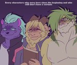 anthro blonde_hair book group hair horn humor male muscular muscular_anthro muscular_male nipples pecs text naniyyalan lifewonders tokyo_afterschool_summoners azazel_(tas) macan_(tas) nyarlathotep_(tas) bovid caprine felid goat hyena mammal pantherine tiger english_text hi_res