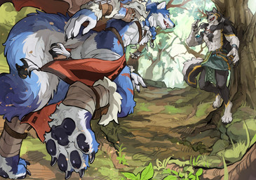abs accessory action_pose anthro arm_wraps armlet barefoot blue_body blue_eyes blue_fur bottomwear bracelet braided_hair brown_body brown_fur butt claws clothed clothing duo feet finger_claws foot_wraps footwear fur hair hair_accessory hair_ring jewelry loincloth long_hair low-angle_view male markings muscular muscular_anthro muscular_male nature nature_background pawpads paws perspective plant pointy_ears pose prick_ears skull_accessory tail teeth toe_claws toeless_footwear tooth_necklace topless tree white_body white_fur wraps yellow_eyes windwttom nintendo the_legend_of_zelda link_(wolf_form) wolfdale_(wolfdale1997) 2025 digital_media_(artwork) hi_res