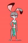 annoyed anthro barefoot biped clothed clothing dipstick_ears ear_markings feet female fur grey_body grey_fur head_tuft looking_at_viewer midriff multicolored_ears navel purple_eyes red_background simple_background solo standing tuft fluttershythekind disney zootopia judy_hopps european_rabbit lagomorph leporid mammal oryctolagus rabbit 2019