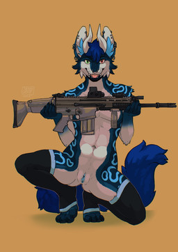 andromorph anthro blue_body blue_fur blue_hair blue_inner_ear_fluff blue_markings blue_tail blue_vulva clothing crouching cyanotic_epithelium ear_piercing facial_piercing fangs fur genitals green_eyes gun hair heterochromia holding_object holding_weapon horn inner_ear_fluff intersex kneeling legwear looking_at_viewer markings nose_piercing piercing pink_eyes ranged_weapon septum_piercing simple_background smile solo stockings tail teeth tuft vulva weapon white_body white_fur jeanwoof mythology monarch_(tab) canid canine canis dragon hybrid mammal mythological_creature mythological_scalie scalie wolf absurd_res hi_res