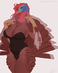 anthro beak big_breasts breasts brown_body brown_feathers cleavage clothed clothing feathers female hair leotard looking_at_viewer partially_clothed red_hair scuted_arms scutes smile solo wide_hips vexstacy avian bird galliform phasianid turkey 2023 4:5 absurd_res hi_res