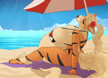 accessory anthro beach belly big_belly big_breasts bikini blep blue_eyes blue_sky breasts closed_smile clothed clothed_anthro clothed_female clothing cloud female female_anthro flower flower_in_hair fur glistening glistening_eyes hair hair_accessory huge_belly huge_breasts light logo long_hair mouth_closed narrowed_eyes nipple_outline orange_body orange_fur outside plant pregnant pregnant_anthro pregnant_female sitting sky smile solo striped_arms striped_legs swimwear tail tan_body tan_fur tan_hair tan_tail text tongue tongue_out two-piece_swimsuit milk-jug nintendo pokemon clara_diego fan_character arcanine generation_1_pokemon pokemon_(species) 2026 artist_logo artist_name colored digital_media_(artwork) english_description hi_res lighting