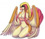 2016 anthro anthrofied avian avian_feet beak big_breasts biped blue_eyes blush breasts brown_body brown_feathers curvy_figure dated digital_media_(artwork) eyelashes feathered_wings feathers featureless_breasts featureless_crotch female full-length_portrait generation_1_pokemon humanoid_hands kneeling kyma looking_at_viewer multicolored_body multicolored_feathers navel nintendo non-mammal_breasts nude pidgeot pink_beak pink_body pink_feathers pokemon pokemon_(species) pokemorph portrait scuted_arms scutes shadow side_view signature simple_background smile solo tan_body tan_feathers thick_thighs white_background wide_hips winged_arms wings yellow_body yellow_feathers