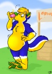 anthro belly beverage blue_eyes booth booth_(structure) drinking inflation lemonade lemonade_stand male overweight overweight_anthro overweight_male paws solo surprise tail vendor_stand spookaboo dax_(dax) canid canine canis domestic_dog mammal