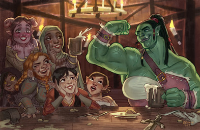 aroused biceps big_breasts blush body_worship breasts detailed_background facial_hair female female/female group huge_breasts larger_female looking_at_another muscle_worship muscular muscular_female not_furry size_difference ben_masi dungeons_and_dragons hasbro wizards_of_the_coast dwarf elf goblin halfling human humanoid mammal orc tiefling hi_res