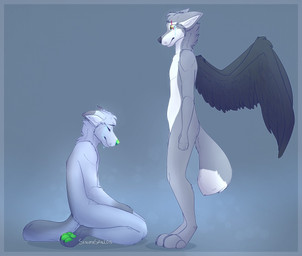 anthro black_body black_feathers duo feathered_wings feathers fur green_nose green_pawpads grey_body grey_fur kneeling pawpads standing wings senimasan canid canine canis hybrid mammal wolf 2015 digital_media_(artwork)