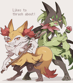 action_pose ambiguous_anthro ambiguous_gender anthro biped dipstick_tail duo fangs fur green_body green_fur long_inner_ear_fluff looking_at_viewer markings mask monotone_background open_mouth pose pseudo_skirt red_body red_fur simple_background tail tail_markings teeth text white_background white_body white_fur yellow_body yellow_fur ima_att nintendo pokemon braixen generation_6_pokemon generation_9_pokemon meowscarada pokemon_(species) colored digital_media_(artwork) english_text full-length_portrait hi_res portrait shaded