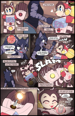 ^_^ anthro black_hair blue_eyes blush compressed dialogue duo eyes_closed female foreshortening gachapon glowing hair hitting hitting_another hitting_head keychain long_hair machine mean micro pink_body purple_body red_body red_eyes rude shrinking size_transformation slam smile text text_box transformation hima_nsfw robot absurd_res comic english_text hi_res