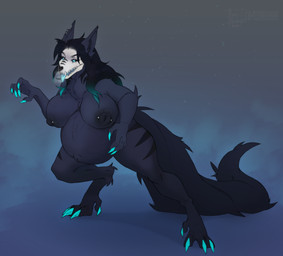 anthro areola barbell_piercing belly big_belly big_breasts black_areola black_body black_fur black_hair black_nipples blue_eyes blue_hair_tips bone breasts canine_ears claws ear_piercing female female_anthro fluffy fur glowing glowing_eyes hair hand_on_belly huge_belly leaning leaning_forward long_tail markings mature_female nipple_piercing nipples nude open_mouth piercing pregnant pregnant_anthro pregnant_female simple_background solo tail teeth tongue tongue_out momhopantsu scp_foundation fan_character nik0_(niko_stargazer) scp-1471-a canid canine malo mammal absurd_res hi_res