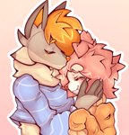 6_eyes anthro clothed clothing duo eyes_closed fangs female female/female hair hand_on_cheek heart_symbol kiss_on_forehead kissing_forehead love multi_eye orange_hair pink_hair romantic romantic_couple teeth kittencrumb canid canine domestic_cat felid feline felis fox hybrid mammal hi_res