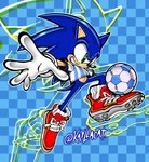 5_fingers anthro argentina ball biped black_nose blue_body bottomless clothed clothing fingers gloves green_eyes handwear male smile soccer soccer_ball soccer_uniform solo sport sportswear uniform white_clothing white_gloves white_handwear kayllacat sega sonic_the_hedgehog_(series) sonic_the_hedgehog eulipotyphlan hedgehog mammal 2022 absurd_res full-length_portrait hi_res portrait signature