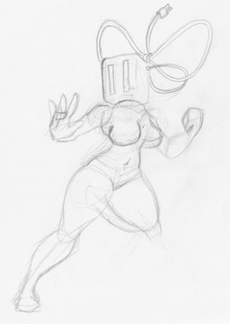 5_fingers action_pose biped breasts digit_ring eyeless female female_humanoid finger_ring fingers fist for_a_head jewelry medium_breasts navel not_furry nude nude_female nude_humanoid on_one_leg pose solo standing toonvasion humanoid object_head toaster_head 2019 full-length_portrait graphite_(artwork) hi_res monochrome portrait sketch traditional_media_(artwork)