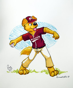 anthro barefoot black_nose bottomwear cheek_tuft clothed clothing facial_tuft feet floppy_ears front_view fur glistening glistening_nose grass green_eyes hat headgear headwear holding_baseball logo male neck_tuft open_mouth pants pink_tongue plant red_clothing red_hat red_headwear red_shirt red_t-shirt red_topwear shirt solo standing t-shirt tongue tongue_out topwear tuft white_bottomwear white_clothing white_pants yellow_body yellow_fur young young_anthro young_male pandapaco canid canine canis domestic_dog mammal artist_logo signature