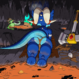 armlet beads blue_body blue_scales box_head cave clothing fake_beard female fire gem green_body green_scales group hat headgear headwear horn lava legs_in_lava male panties pickaxe ragged_clothing scales spiked_tail spikes spikes_(anatomy) stalactite stalagmite starscape tail underwear fuzzycogs kobold scalie 1:1 absurd_res hi_res