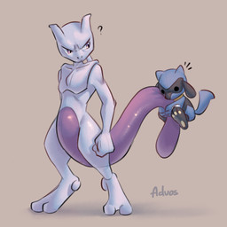 2_toes 3_fingers 3_toes ambiguous_gender anthro biped blue_body blue_fur blue_tail duo feet fingers front_view fur nude nude_ambiguous nude_anthro pawpads paws pink_eyes purple_tail size_difference standing tail tail_hug toes advos nintendo pokemon generation_1_pokemon generation_4_pokemon legendary_pokemon mewtwo pokemon_(species) riolu 1:1 2025 digital_drawing_(artwork) digital_media_(artwork)