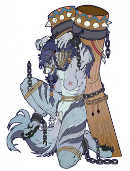 4_toes 5_fingers anthro arms_above_head ball_gag bdsm black_nose blue_hair bodily_fluids bondage bound breasts chain chained cuff_(restraint) cum cum_from_vagina cum_in_vagina cum_inside eyewear feet female fingers frogtied fur gag gagged genital_fluids genitals glasses grey_body grey_fur hair halter harness_ball_gag harness_gag hindpaw humanoid_hands legs_tied looking_at_viewer nipples nude nude_anthro nude_female paws prisoner restraints shackles solo submissive submissive_anthro submissive_female toes vaginal_fluids vulva ottomansly blizzard_entertainment warcraft canid mammal werecanid werecreature worgen hi_res