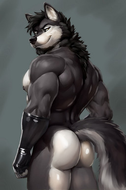 anthro back_muscles bangs beard bedroom_eyes biceps big_butt big_muscles black_beard black_body black_clothing black_eyebrows black_facial_hair black_fingerless_gloves black_fur black_gloves black_hair black_handwear black_latex black_mane black_sideburns brown_eyes butt clothing cocky cocky_grin eyebrows facial_hair fingerless_gloves fist flirting flirting_with_viewer fur glistening glistening_body glistening_butt glistening_clothing glistening_latex gloves gloves_only grey_background grey_body grey_fur grin grinning_at_viewer hair handwear handwear_only inviting inviting_viewer latex latex_clothing latex_gloves latex_handwear looking_at_viewer looking_back looking_back_at_viewer looking_over_sholder male mane manly mostly_nude multicolored_body multicolored_fur muscular muscular_anthro muscular_male narrowed_eyes nipples pecs pose presenting presenting_body presenting_hindquarters rear_view seducing_viewer seductive shadow showing_off_muscles sideburns simple_background smile smiling_at_viewer smirk smirking_at_viewer solo standing tail thick_arms white_body white_fur bleakcat kayde_(kaydewolf) canid canine canis mammal wolf 2:3 hi_res