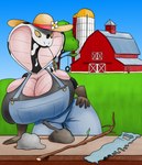 5_fingers anthro barn belly_scales big_breasts black_body black_scales blue_clothing blue_overalls blue_sky breasts brown_clothing brown_gloves brown_handwear cleavage cleavage_overflow clothed clothing cobra countershade_scales countershading cow_tools curvy_figure day detailed_background digital_media_(artwork) eyelashes farm farmer female fingers flower fully_clothed gloves grain_silo grass handwear hat hay hay_in_mouth headgear headwear herroverdober hourglass_figure huge_breasts humanoid_hands mottled mottled_body mottled_scales non-mammal_breasts outside overalls parody piebald piebald_body piebald_scales plant pupils reptile saw scales scalie shaded silo sky slit_pupils snake snake_hood soft_shading solo stick sun_hat tan_body tan_countershading tan_scales the_far_side tire tire_swing tools tree voluptuous wheat_in_mouth white_body white_scales yellow_eyes