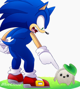 anthro blue_body blue_fur clothing duo fangs footwear fur gesture gloves grass green_eyes hand_gesture handwear male plant pointing red_clothing red_footwear red_shoes shoes simple_background teeth thick_thighs white_background bluecloud sega sonic_frontiers sonic_the_hedgehog_(series) sonic_the_hedgehog eulipotyphlan hedgehog koco_(sonic) mammal hi_res meme