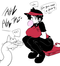 ambiguous_gender big_breasts black_hair bored bottomwear breasts clothed clothing collar dialogue disembodied_tail duo eating faceless_ambiguous faceless_character female food footwear fully_clothed hair hat headgear headwear heart_symbol living_tail long_tail male monster_girl_(genre) mostly_offscreen_character not_furry pants pizza shirt shoes simple_background sitting speech_bubble tail tail_mouth text text_on_clothing text_on_shirt text_on_topwear topwear uniform unusual_anatomy unusual_tail visor_cap waiter white_background white_body white_skin doppel pizza_thot cash_money_(gats) docu_(doppel) human humanoid mammal english_text partially_colored pictographics restricted_palette