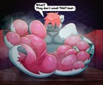 4_toes anthro black_claws bodily_fluids claws dialogue digit_ring feet feet_up foot_fetish foot_focus foot_on_table fur furniture grey_body grey_fur hair hair_over_eyes humanoid_feet jewelry male musk musk_clouds musky_feet overweight pawpads paws pink_hair pink_pawpads plantigrade presenting ring simple_background sitting smelly smelly_feet smelly_paws sofa solo sweat sweatdrop sweaty_feet table talking_to_viewer teasing teasing_with_feet text toe_ring toes white_body white_fur chi_panpan bear hybrid mammal polar_bear ursine hi_res