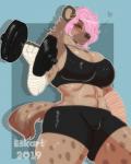 abs anthro bicep_curl blush bottomwear breasts camel_toe clothing dumbbell ear_piercing ear_ring exercise female heart_symbol piercing ring_piercing shorts smile solo spandex spandex_shorts tight_bottomwear tight_clothing tight_shorts weightlifting weights workout ezukapizumu hyena mammal spotted_hyena