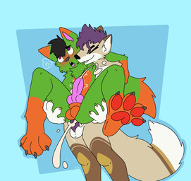 4_fingers 4_toes ahegao anal anal_orgasm anal_penetration animal_genitalia animal_penis ankle_tuft anthro anthro_on_anthro anthro_penetrated anthro_penetrating anthro_penetrating_anthro arm_around_neck arm_around_partner arm_tuft balls bite black_eyeliner black_hair blue_background blush blush_lines blush_symbol bodily_fluids brown_body brown_fur canine_genitalia canine_penis cheek_tuft chest_tuft claws cum cum_from_ass cum_in_ass cum_inside cum_while_penetrated cumshot duo ejaculation erection eye_roll eyeliner eyes_closed facial_tuft fangs feet finger_claws fingers from_behind_position full_nelson full_nelson_(legs_held) full_nelson_position fur genital_fluids genitals gloves_(marking) green_body green_fur grey_claws grey_nose hair hair_strand hands-free humanoid_genitalia humanoid_penis in_heat knot knotted_penis leg_markings leg_tuft looking_pleasured makeup male male/male male_penetrated male_penetrating male_penetrating_male markings mohawk multicolored_body neck_bite neck_tuft nude orange_body orange_fur orgasm pawpads paws penetration penile penile_penetration penis penis_in_ass pink_penis pink_tongue prostate_orgasm purple_hair purple_penis raised_foot red_pawpads sex shoulder_tuft simple_background smile smirk smug smug_face smug_grin socks_(marking) standing standing_sex tan_body tan_fur teeth toe_claws toes tongue tuft white_body white_fur wide_eyed wrist_tuft yellow_claws xing1 fern_the_fox canid canine canis domestic_dog fox mammal shiba_inu spitz digital_media_(artwork) flat_colors hi_res