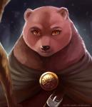 anthro belt black_nose brown_body brown_fur cloak clothed clothing female fur looking_at_viewer solo staff text tragobear armello league_of_geeks sana_(armello) bear mammal 2016 english_text