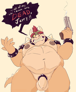 accessory anthro balls bared_teeth belly big_belly bracelet brown_nipples cock_ring collar eyebrows flaccid foreskin front_view genitals gun hair holding_gun holding_object holding_ranged_weapon holding_weapon humanoid_genitalia humanoid_penis jewelry looking_at_viewer low-angle_view male moobs nipples nude obese obese_anthro obese_male overweight overweight_anthro overweight_male penis penis_accessory penis_jewelry ranged_weapon red_eyebrows red_hair short_hair simple_background smoke solo speech_bubble spiked_bracelet spiked_collar spikes standing tan_balls tan_body tan_penis teeth text unretracted_foreskin weapon yellow_body chocolateandmilk mario_bros nintendo bowser koopa scalie 2022 dated english_text hi_res portrait signature three-quarter_portrait