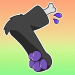 1:1 anthro black_body black_fur bone canid canine disembodied_foot ember_folf feet foot_shot fox fur gradient_background hybrid low_res mammal pawpads purple_pawpads simple_background solo unknown_artist