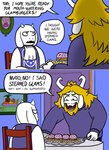 4_fingers anthro beard chair clothing crown dialogue dinner door duo facial_hair female fingers food fries furniture headgear inside male scene_parody sitting steamed_bun sweater table text topwear killb94_(artist) steamed_hams the_simpsons undertale_(series) asgore_dreemurr toriel bovid caprine goat mammal 2018 comic digital_drawing_(artwork) digital_media_(artwork) english_text meme