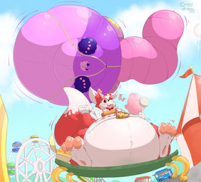 3_toes belly big_belly big_tail candy chips_(food) dessert feet food fur glistening glistening_belly glistening_body glistening_tail hair hot_dog huge_belly huge_tail hyper hyper_belly hyper_inflation hyper_tail immobile inflation latex_body lollipop motion_lines pink_body pink_hair pizza purple_body purple_hair red_body red_fur tail text toes tortilla_chips white_body white_fur crestdraggy bomberman konami pantaloon twistarooi american_opossum kangaroo louie_(bomberman) macropod mammal marsupial 2025 absurd_res artist_name hi_res