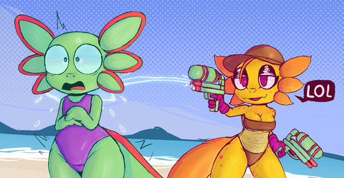 anthro baseball_cap beach big_eyes breasts brown_clothing brown_hat brown_headwear cleavage clothed clothing day dialogue duo external_gills eyelashes female fingers freckled_breasts freckled_face freckled_legs freckled_shoulders freckled_thighs freckles gills gloves green_body green_eyes halftone_background halftone_shading handwear hat headgear headwear holding_water_gun no_pupils one-piece_swimsuit open_mouth open_smile orange_body outside pattern_background pear-shaped_figure pink_clothing pink_eyes pink_gloves pink_handwear purple_one-piece_swimsuit purple_tongue red_tongue sand seaside simple_background smile speech_bubble standing surprised swimwear tail text thick_thighs tongue translucent translucent_clothing translucent_one-piece_swimsuit translucent_swimwear under_boob water wide_hips wide_stance lizardfungus cc-by-nc-nd creative_commons gris_swimsuit meme_clothing amphibian axolotl marine mole_salamander salamander aliasing binary_drawing digital_drawing_(artwork) digital_media_(artwork) english_text halftone hi_res meme