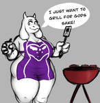 anthro apron apron_only barbecue barbecue_grill beverage big_breasts black_eyes breasts burger clothing cutlery exclamation_point female floppy_ears food grill holding_beverage holding_object holding_spatula holding_tool horn huge_breasts huge_thighs kitchen_utensils mostly_nude smile solo spatula speech_bubble text thick_thighs tools white_body wide_hipped_female wide_hips plantyfern i_just_wanna_grill undertale undertale_(series) toriel boss_monster_(undertale) bovid caprine goat mammal english_text hi_res