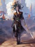2018 88grzes clothed clothing cutlass detailed_background european_mythology female gorgon greek_mythology hasbro hi_res holding_melee_weapon holding_object holding_sword holding_weapon humanoid looking_at_viewer magic:_the_gathering melee_weapon mythology official_art pirate solo standing sword vraska weapon wizards_of_the_coast