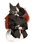 anthro black_body black_fur black_hair black_tie_(suit) clothed clothing duo ear_piercing ear_ring eyeshadow eyewear female fluffy fluffy_tail fully_clothed fur glasses hair hair_bun head_tuft holding_object holding_weapon hug knife makeup male male/female piercing pointy_ears prick_ears ring_piercing simple_background suit tail tuft weapon white_body white_fur oni_bzut67 lackadaisy mordecai_heller serafine_savoy domestic_cat felid feline felis mammal signature