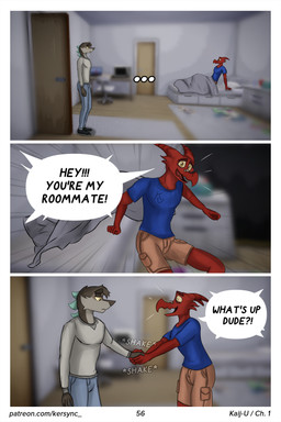 anthro dialogue dorm_room dormitory gesture handshake male motion_lines text kersync godzilla_(series) toho rodan_(toho) rody_(kersync) zill_(kersync) zilla 2025 2:3 absurd_res comic english_text hi_res url