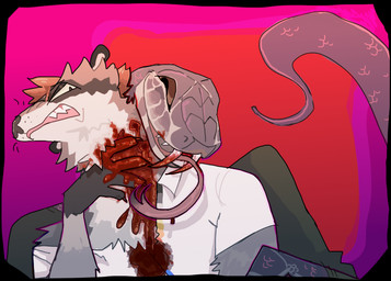 anthro bite_mark blood bodily_fluids duo gore male male/male guncht mammal procyonid raccoon reptile scalie snake