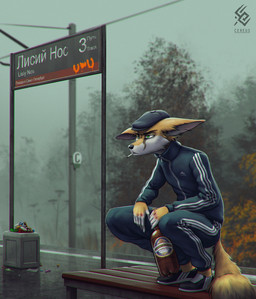 anthro bench big_ears black_bottomwear black_clothing black_footwear black_hat black_headwear black_nose black_pants black_shoes black_topwear bottle bottomwear cheek_tuft cigarette cigarette_in_mouth clothed clothing container crouching facial_tuft fog footwear fur green_eyes hat headgear headwear holding_bottle holding_container holding_object logo male male_anthro narrowed_eyes object_in_mouth outside pants shoes sign solo text topwear tuft white_body white_fur yellow_body yellow_fur cereus93 canid canine fennec_fox fox mammal true_fox artist_logo artist_name cyrillic_text hi_res shaded