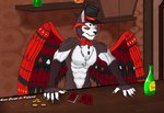 alcohol anthro beverage card male playing_card poker_chip solo wood adognamedkayne hazbin_hotel husk_(hazbin_hotel) avian bird domestic_cat felid feline felis hybrid mammal owl hi_res