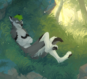 anthro arm_tuft black_body black_fur black_nose black_pawpads cheek_tuft chest_tuft crossed_legs eyes_closed facial_tuft fur grass green_hair grey_body grey_fur hair light light_beam male mouth_closed outside pawpads plant reclining rock shoulder_tuft solo sunbeam sunlight three-quarter_view tree tuft unsigned white_body white_fur corzh77 canid canine canis mammal wolf absurd_res full-length_portrait hi_res portrait