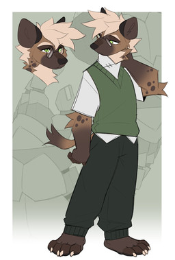 abstract_background anthro barefoot blonde_hair brown_body brown_fur claws clothed clothed_anthro clothed_male clothing feet fully_clothed fully_clothed_anthro fully_clothed_male fur green_clothing green_eyes green_sweater green_sweater_vest green_topwear green_vest hair male snout solo sweater sweater_vest toe_claws topwear vest brokesgone travis_(brokesgone) hyena mammal spotted_hyena 2025 digital_drawing_(artwork) digital_media_(artwork) hi_res