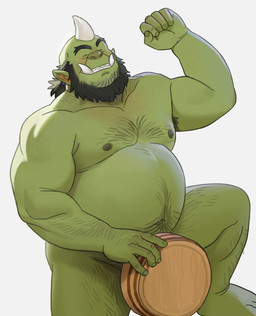 belly eyes_closed horn humanoid_hands male moobs muscular nipples overweight overweight_male simple_background slightly_chubby solo tusks hoggan humanoid orc 2022 absurd_res hi_res