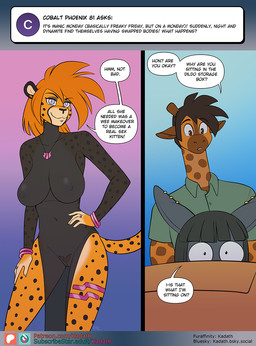 anthro ask_blog big_breasts black_body black_fur black_hair body_swap breasts brown_hair clothing duo female fur genitals hair male male/female markings navel nipples orange_body orange_fur orange_hair pubes smile spots spotted_body spotted_fur text translucent translucent_clothing vulva conditional_dnp kadath dynamite_(kadath) nightshade_(kadath) patrick_(kadath) cheetah felid feline giraffe giraffid mammal english_text hi_res url